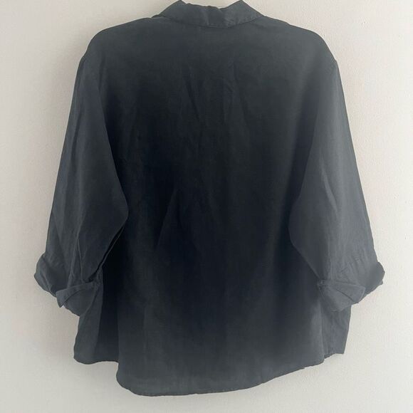 Women’s Blouse Top 100% linen 2X 3/4 sleeves Extra Large black button down - Picture 5 of 11